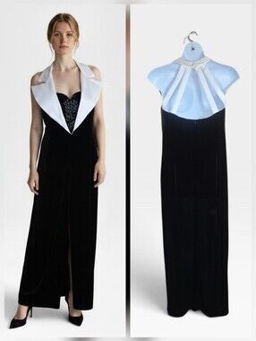 VTG Ever Beauty Tuxedo Style Dress Sweetheart Maxi White Collar Velvet  Gown 14